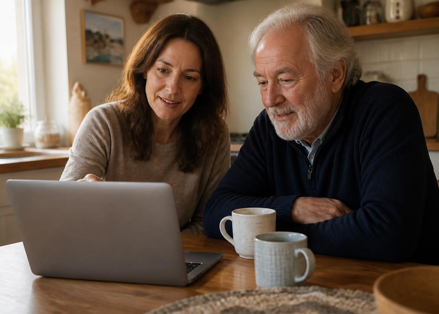 A woman and her father sitting together at a kitchen table, looking at a laptop over coffee.